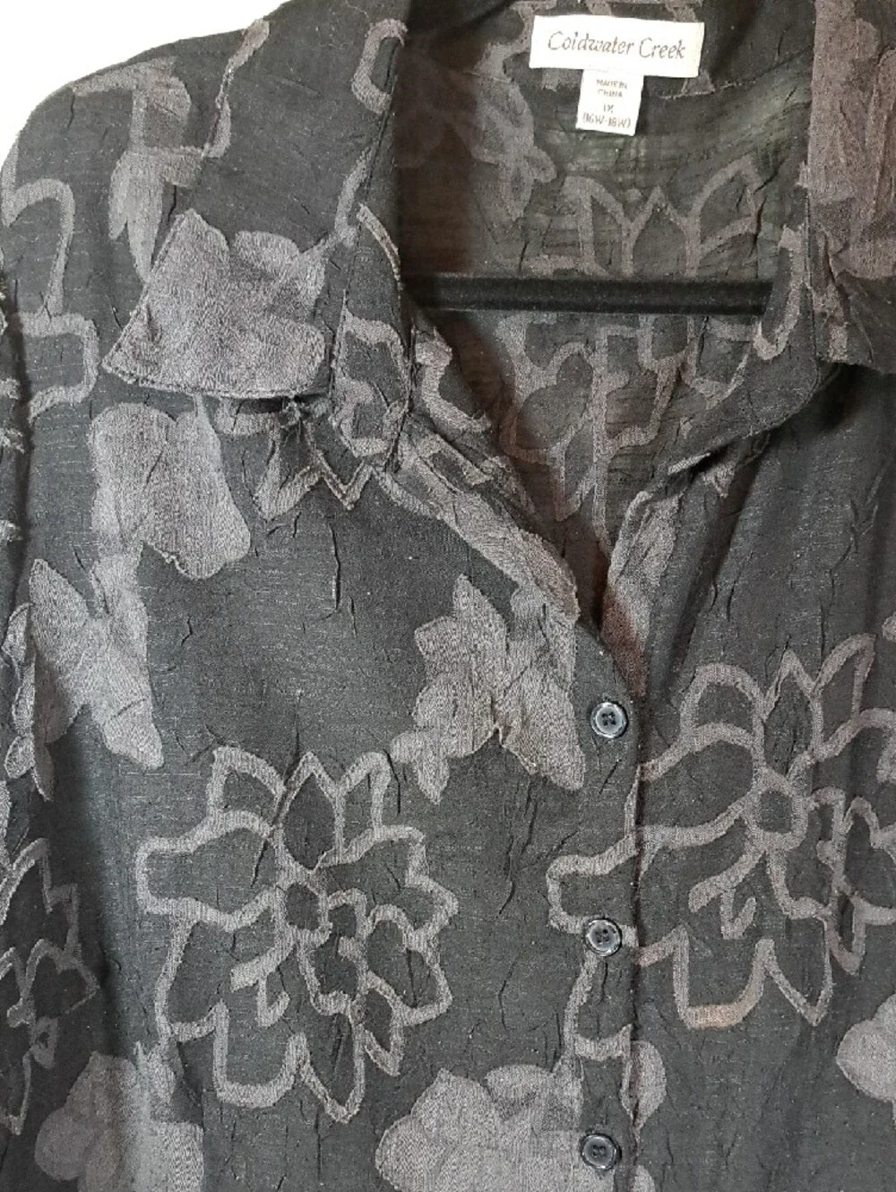 Coldwater Creek Black Floral Button-Front Sheer Blouse - Picture 2 of 6